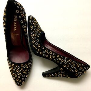 Prada Suede Leather Grommet Heels EU 37 Black Edgy Metallic Biker Goth Punk